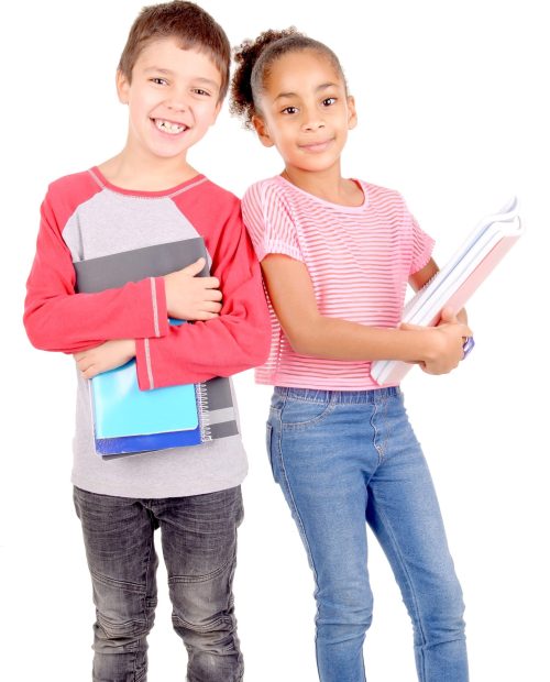 little kids at school isolated in white